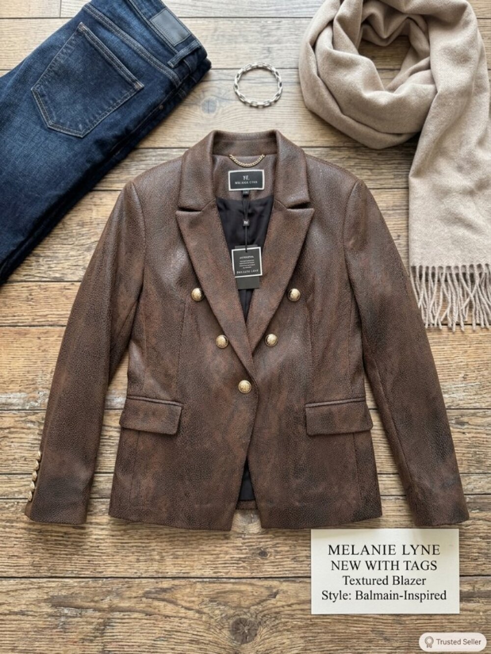 NWT Melanie Lyne Brown Textured Double Breasted Blazer Size 10 Balmaine Style
